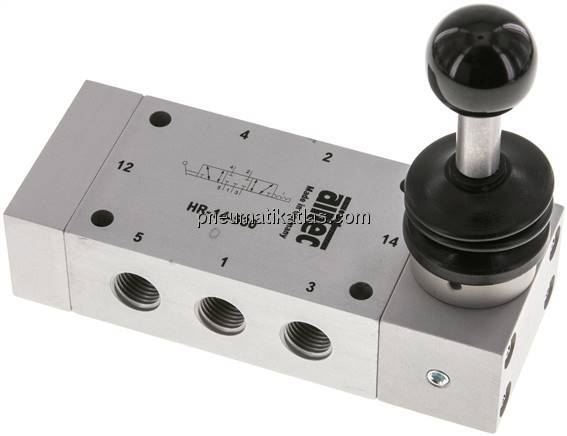 5/3-Wege Handhebelventil, Mittelstellung geschlossen, Raste, G 1/4"