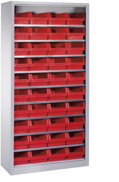 Lager-Regalschrank B1000xT300xH1980 mm RAL 7035 ohne Türen 9 Fachböden, 40 Kästen CP