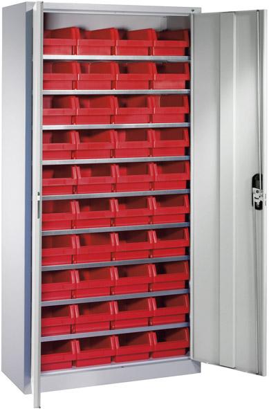 Lager-Regalschrank B1000xT300xH1980 mm RAL 7035 mit Türen 9 Fachböden, 40 Kästen CP