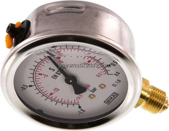 Glycerin-Manometer senkrecht (CrNi/Ms), 63mm, -1 bis 0,6 bar