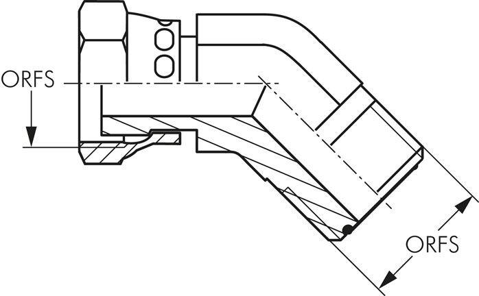 Zeichnung: 45° ORFS-Winkelverschraubung mit Überwu