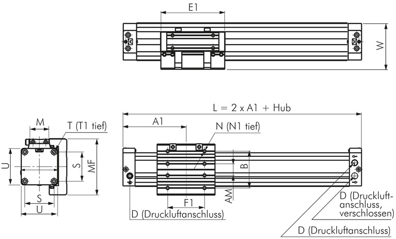 Zeichnung: Kolbenstangenloser Kurzzylinder mit Gle