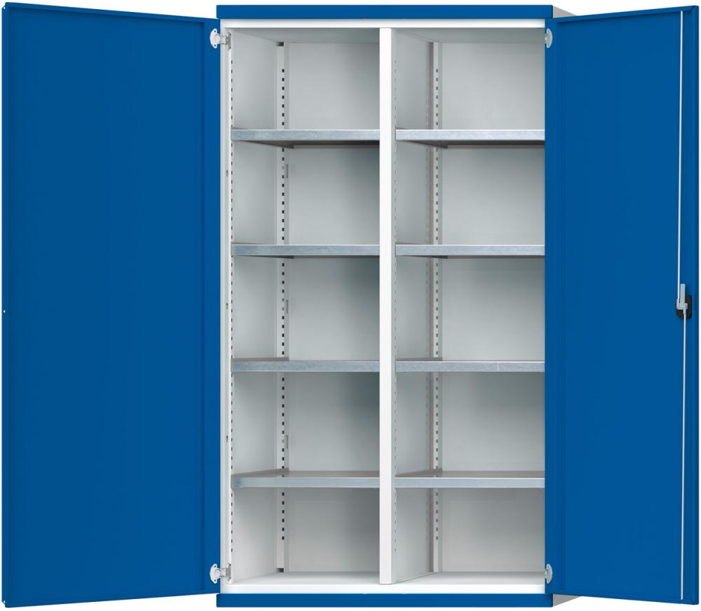 Schwerlastschrank B1085xT630xH1950mm RAL7035/5010 m.Mittelwand8 Böden