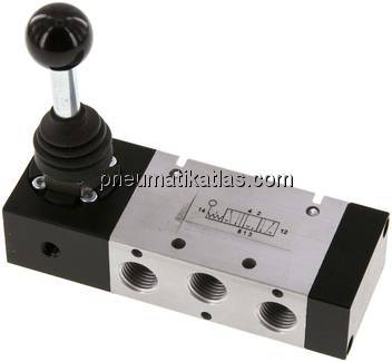 5/3-Wege Handhebelventil, G 1/4", Mittelstellung entlüftet, Raste