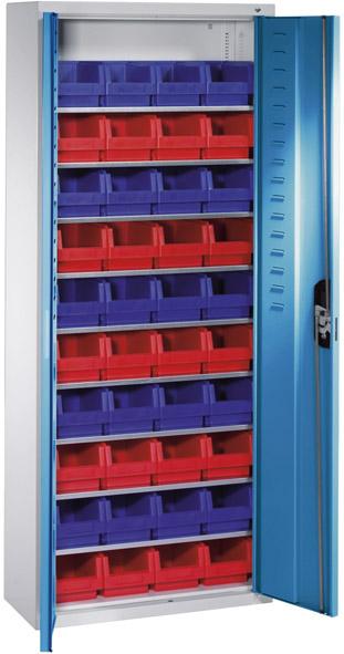 Lager-Regalschrank B700xT300xH1690 mm RAL 7035/5012 mit Türen 9 Fachböden, 40 Kästen CP