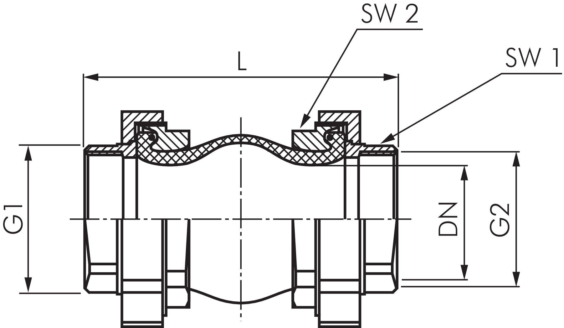 Zeichnung: Elastomer-Kompensator mit Innengewinde