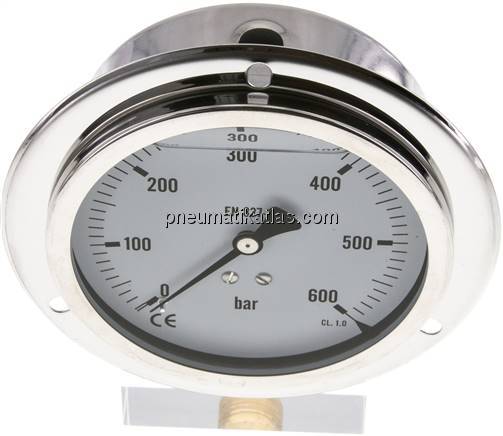 Glycerin-Einbaumanometer,Frontring, 100mm, 0 - 600 bar