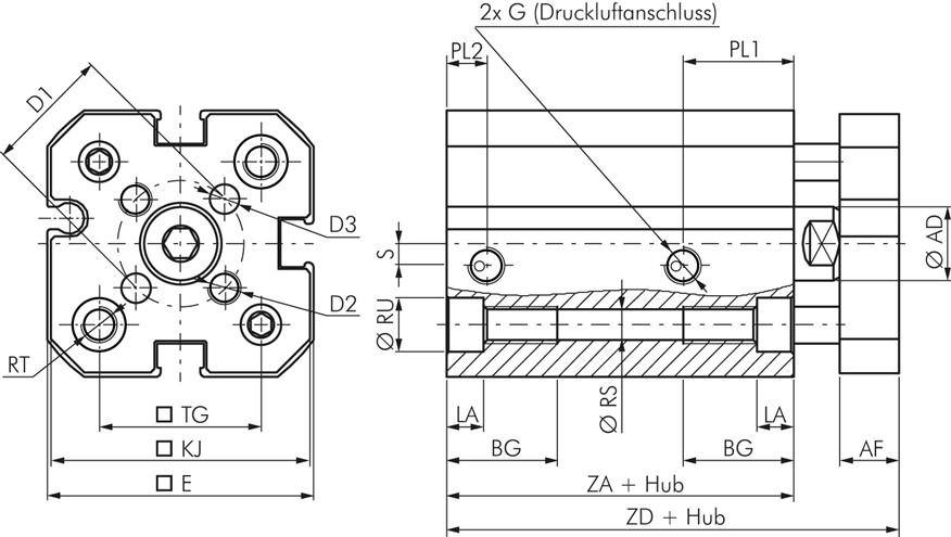Zeichnung: Kompaktzylinder ISO 21287, verdrehgesic