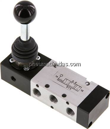 5/3-Wege Handhebelventil, G 1/8", Mittelstellung geschlossen, Raste