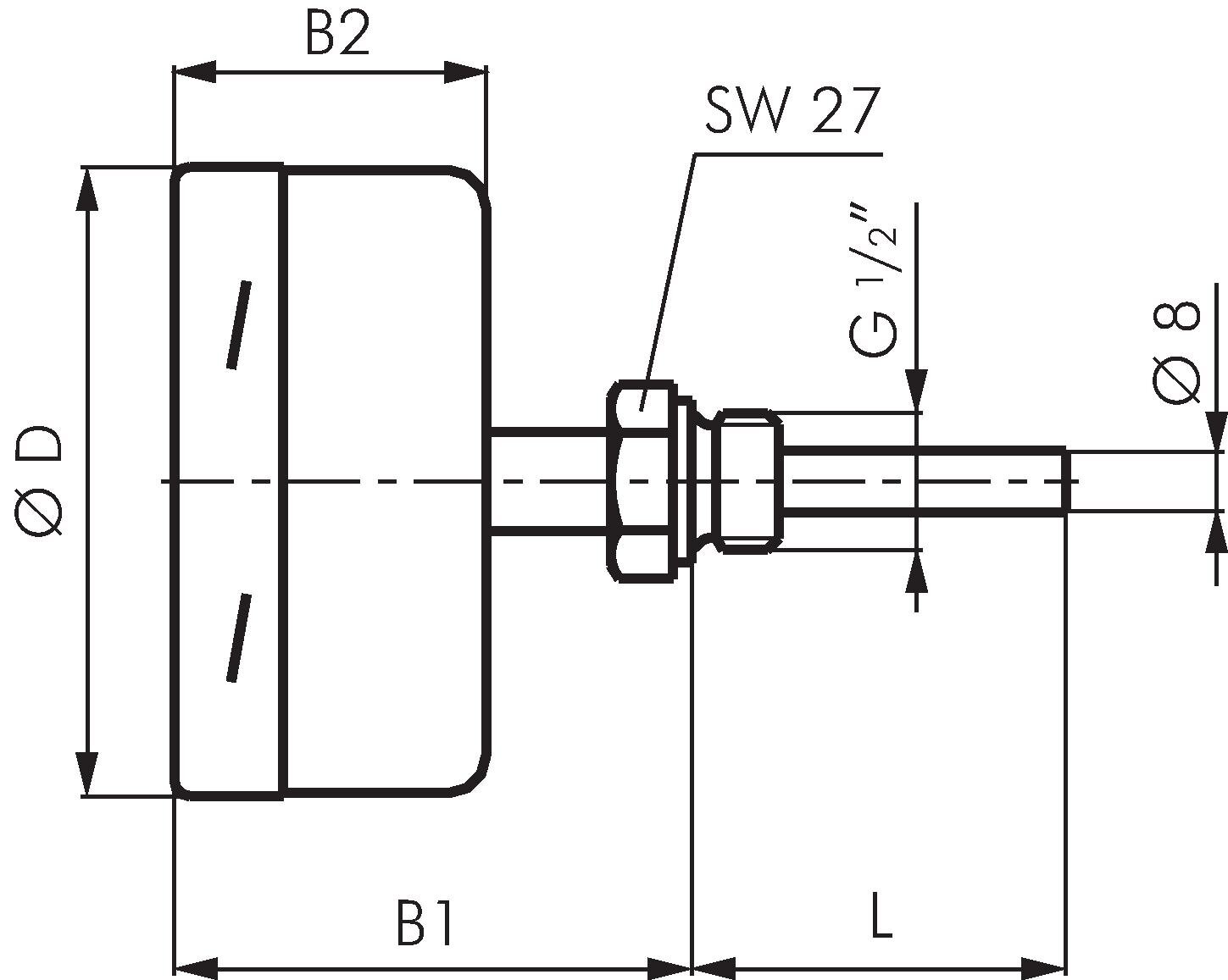 Zeichnung: Bimetallthermometer waagerecht ohne Sch
