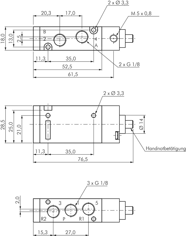 Zeichnung: 5/2-Wege Pneumatikventil mit Federrücks
