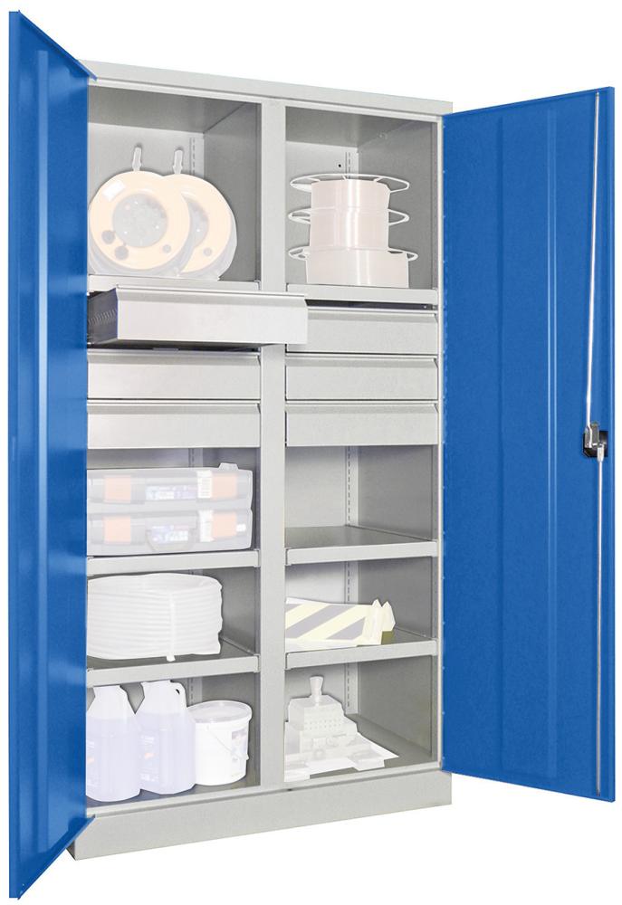 Schwerlastschrank 1950/630/1040 Drehg., mit Trennwand 6 Böden, 6 Schubladen