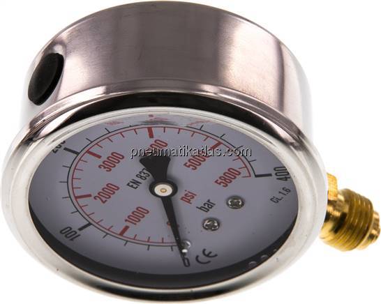 Glycerin-Manometer senkrecht (CrNi/Ms), 63mm, 0 - 400 bar