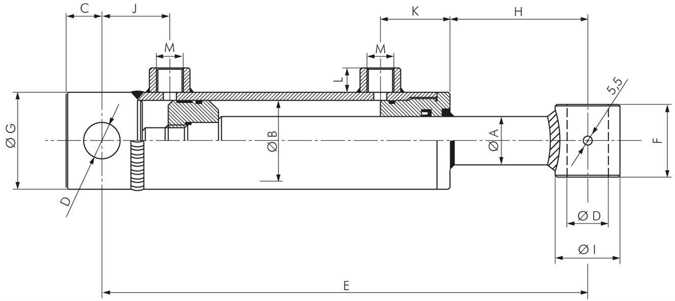 Zeichnung: Hydraulikzylinder mit Gelenkkopf, doppe