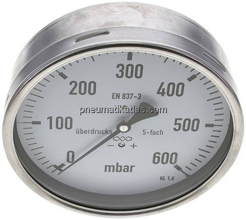 Manometer waagerecht 160mm, 0 - 600 mbar, G 1/2"