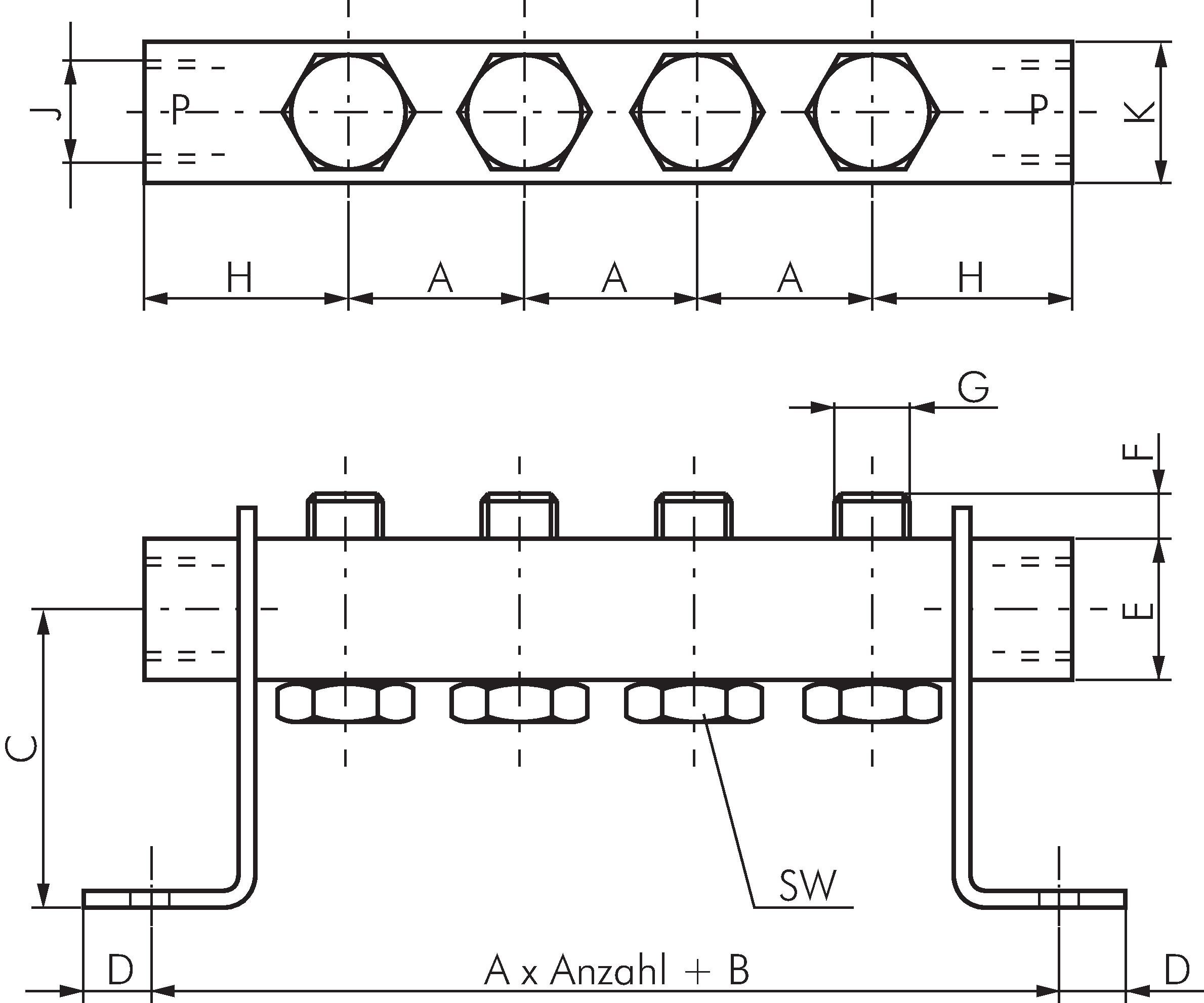 Zeichnung: P-Reihenleiste für 3/2-, 5/2- & 5/3-Weg