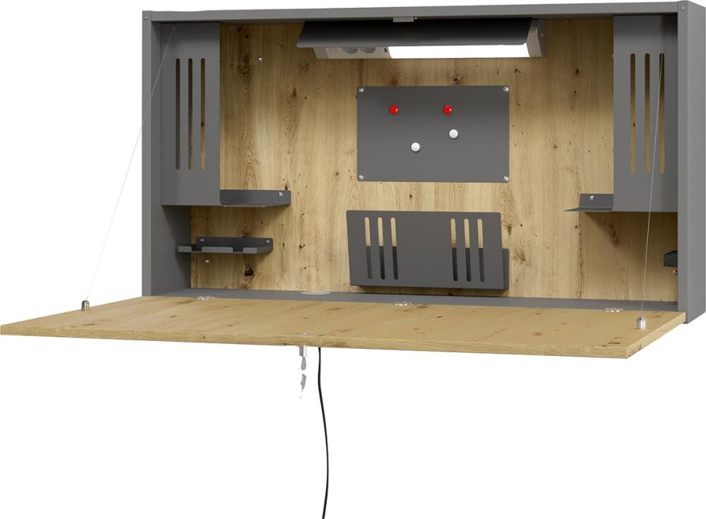 Wandschreibtisch B 120cm Graphit/Asteiche 2xUSB, 2 Steckdosen, Magnettatfel, Ablagsch.