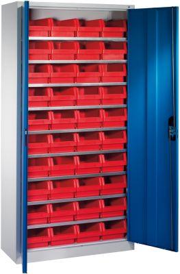 Lager-Regalschrank B1000xT300xH1980 mm RAL 7035/5012 mit Türen 9 Fachböden, 40 Kästen CP