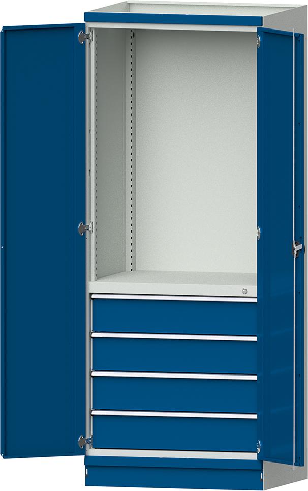 Modulschrank Modell 2409 B865xT720xH2200mm RAL 7035/5012 mit Türen 4 Schubladen