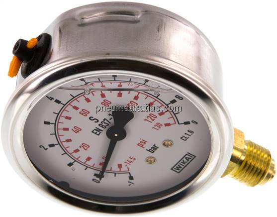 Glycerin-Manometer senkrecht (CrNi/Ms), 63mm, -1 bis 9 bar