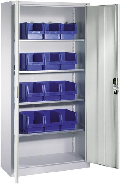 Lager-Regalschrank B1000xT300xH1980 mm RAL 7035 mit Türen 4 Fachböden, 12 Kästen CP