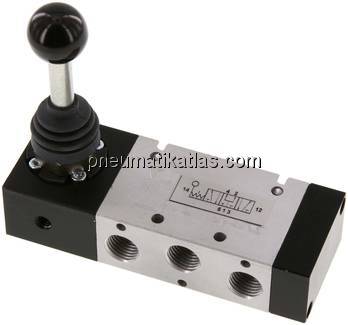 5/3-Wege Handhebelventil, G 1/4", Mittelstellung belüftet, Raste