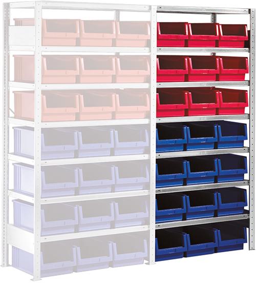 Steckregal Meta-CLIP B1000xT500xH2000 mm Anbaufeld 7 Böden vzk Fachlast 100kg 21 Kästen