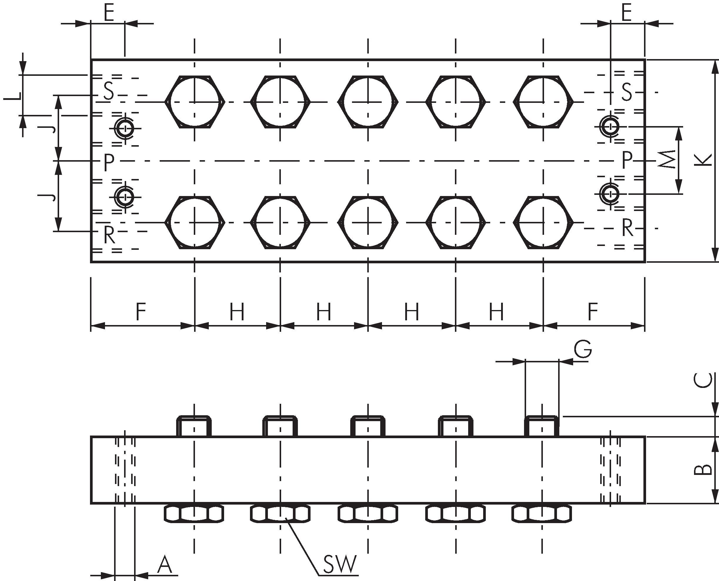 Zeichnung: P-R-S-Reihenleiste für 5/2- & 5/3-Wege 