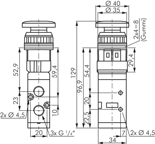 Zeichnung: 5/2-Wege Pilztasterventil