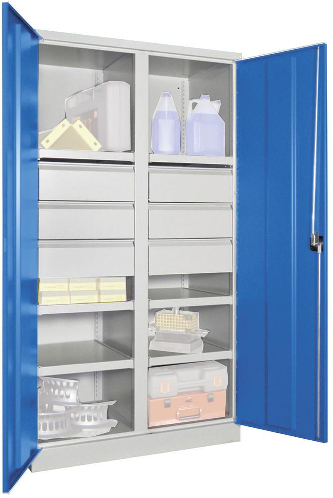 Schwerlastschrank 1950/630/1040 Drehg., mit Trennwand 6 Böden, 6 Schubladen