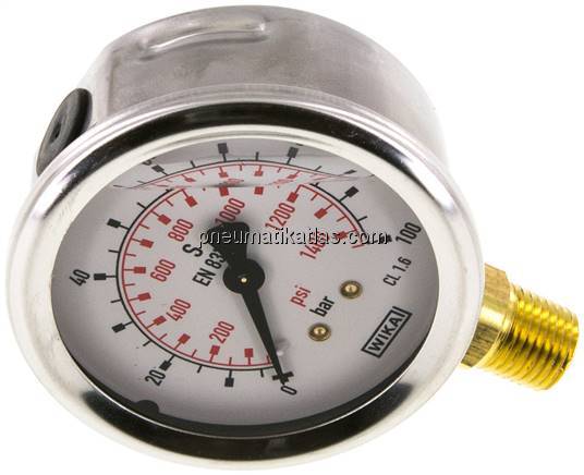 Glycerin-Manometer senkrecht (CrNi/Ms), 63mm, 0 - 100 bar
