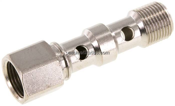 Hohlschraube, 2-fach Innengew. G 3/8"-53,8mm, Messing vernickelt