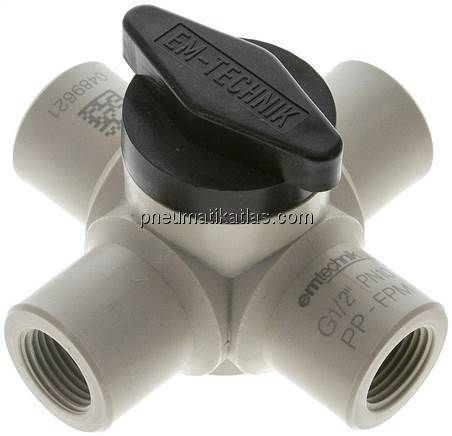 4-Wege Kugelhahn, PP, G 1/2", PN 10, Durchgangsbohrung