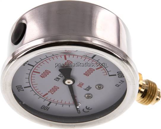 Glycerin-Manometer senkrecht (CrNi/Ms), 63mm, 0 - 600 bar