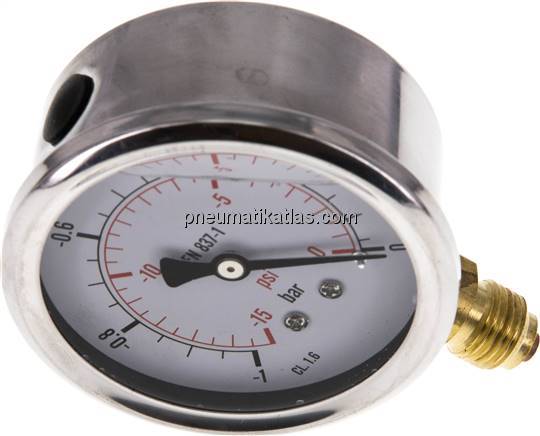 Glycerin-Manometer senkrecht (CrNi/Ms), 63mm, -1 bis 0 bar
