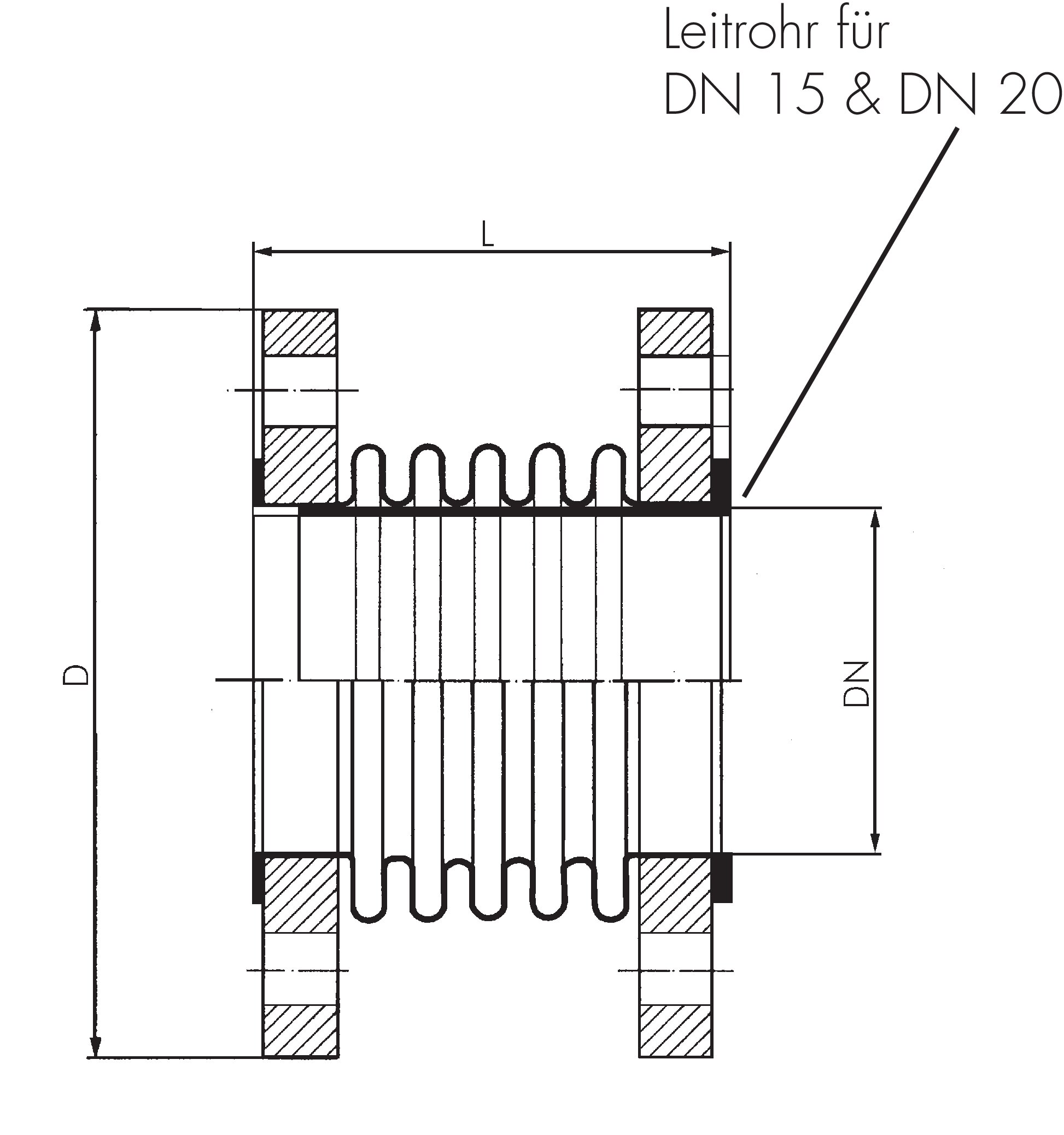 Zeichnung: Edelstahl-Kompensator mit Flanschanschl