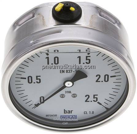 Chemie-Glycerin-Manometer waagerecht, 100mm, 0 - 2,5bar
