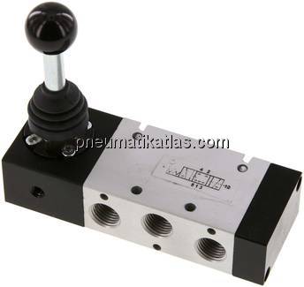 5/3-Wege Handhebelventil, G 1/4", Mittelstellung geschlossen, Raste