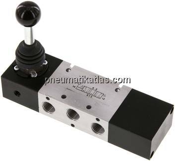 5/3-Wege Handhebelventil, G 1/4", Mittelstellung entlüftet, Federrückstellung