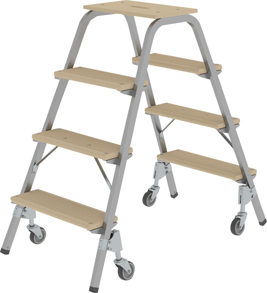 Stahl-Holz-Tritt fahrbar 4 Holzstufen 4 LenkrollenHöhe Deckbrett 0,97 m Arbeitshöhe bis 2,80 m