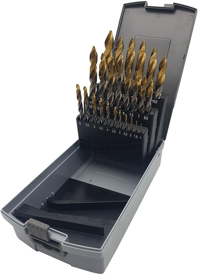 Spiralbohr.Set DIN338 HSSmit Stufenbohrerspitze 1,0-10,0 0,5mm steigend 19-teilig UNI FORUM