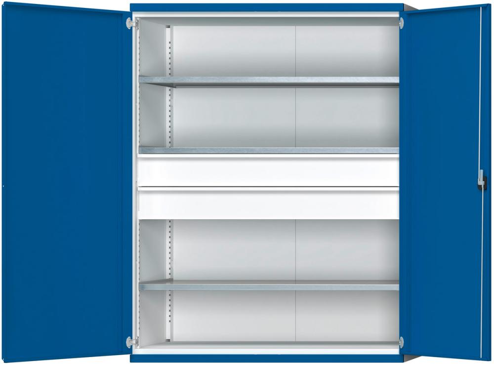 Schwerlastschrank B1485xT690xH1950mm RAL7035/5010 o.Mittelwand3Böden,2Schubladen 200kg