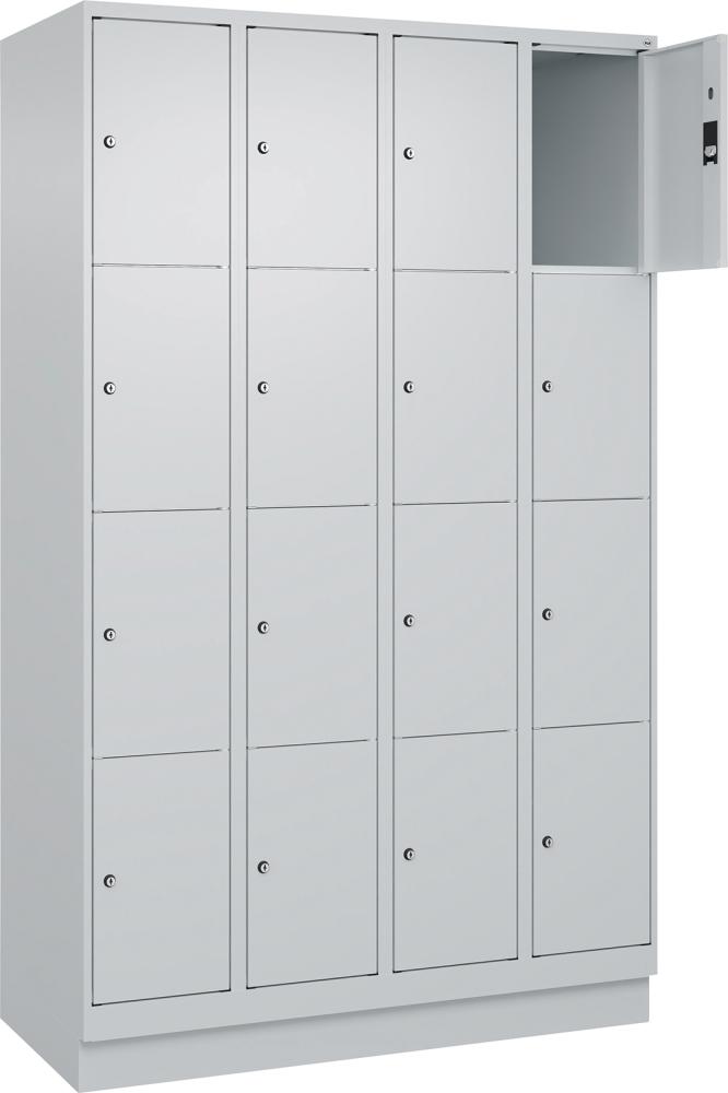 Fächerschrank CLASSIC B1200xT500xH1950 mm RAL 7035/7035, 4x4 Fächermit 100 mm hohem Sockel