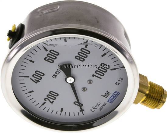 Glycerin-Manometer senkrecht (CrNi/Ms),100mm, 0 - 1000 bar