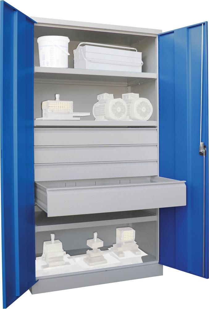 Schwerlastschrank 1950/630/1040 Drehg., ohne Trennwand 3 Böden, 4 Schubladen