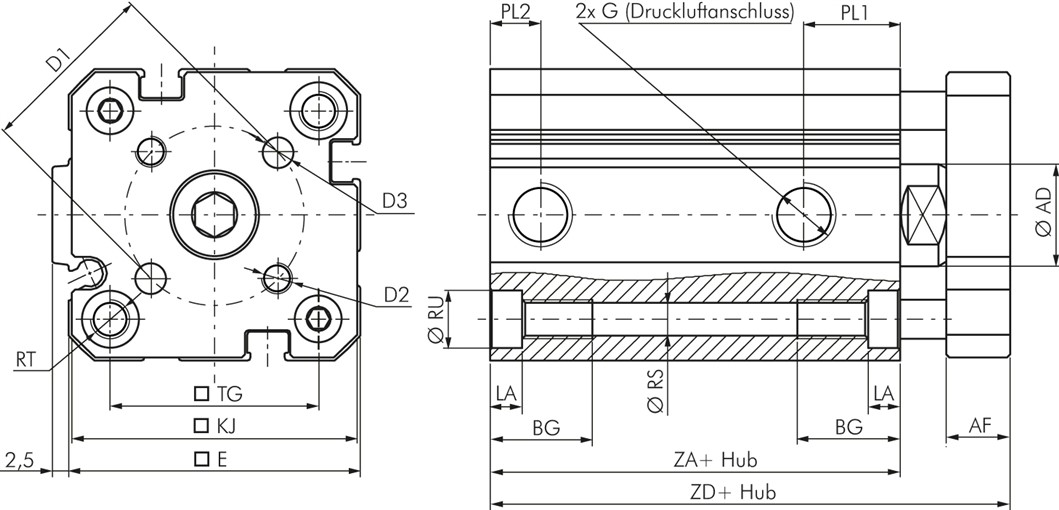 Zeichnung: Kompaktzylinder ISO 21287, Standard (Ø 