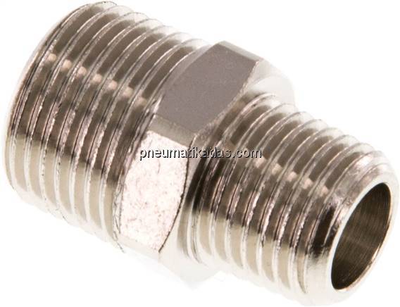 Doppelnippel R 3/8"-R 1/4", Messing vernickelt