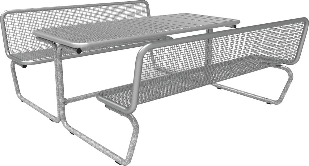 Bank-Tisch-Kombination PALMA, Drahtgitter Nutzbreite 1770mm RAL 9006 mit RückenLehne