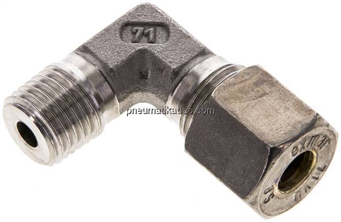 Winkel-Schneidringverschraub. M 14x1,5 (konisch)-8 S (M16x1,5), Klemmring 1.4571