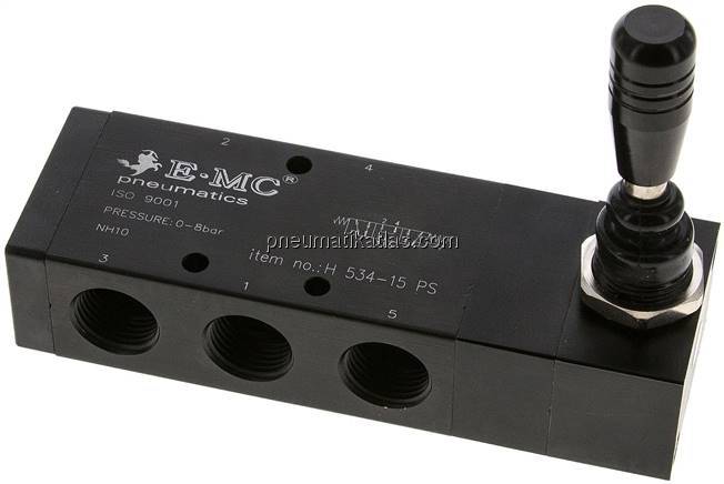 5/3-Wege Handhebelventil, G 1/2", Mittelstellung belüftet, Federrückstellung